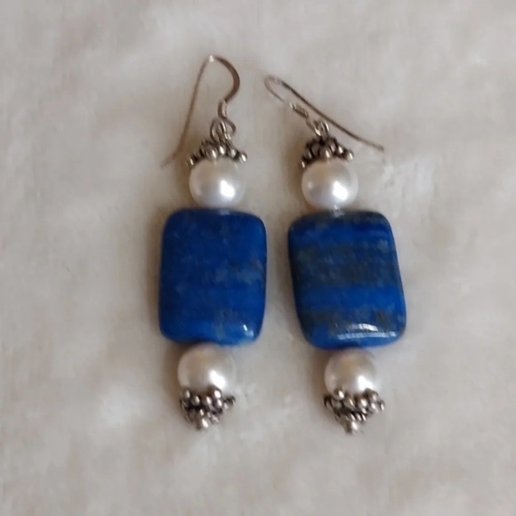 Cultured Pearl Lapis‎ Lazuli Sterling SilverDangle earrings - Picture 7 of 7